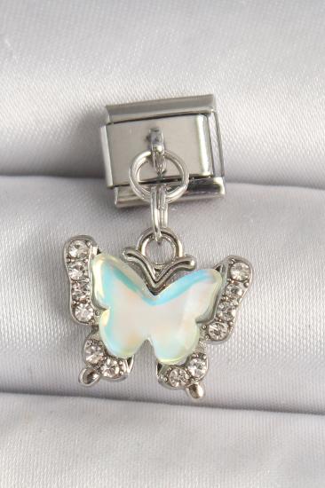 Erb 316L Çelik Gümüş Renk Zirkon Taşlı Sarı Mineli Kelebek Model Nomination Charm