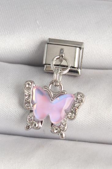 Erb 316L Çelik Gümüş Renk Zirkon Taşlı Pembe Kelebek Model Nomination Charm