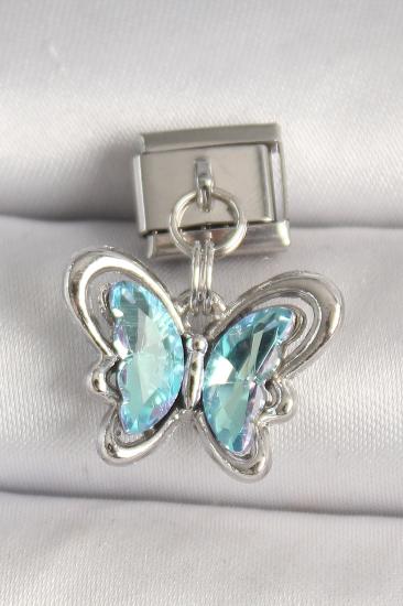 Erb 316L Çelik Gümüş Renk Turkuaz Zirkon Taşlı Kelebek Model Nomination Charm