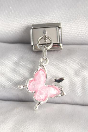 Erb 316L Çelik Gümüş Renk Pembe Kelebek Model Kelebek Detay Nomination Charm