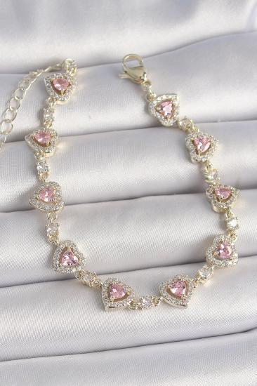 Erb Pirinç Gold Renk Pembe Zirkon Taşlı Kalp Model VIP Seri Kadın Bileklik
