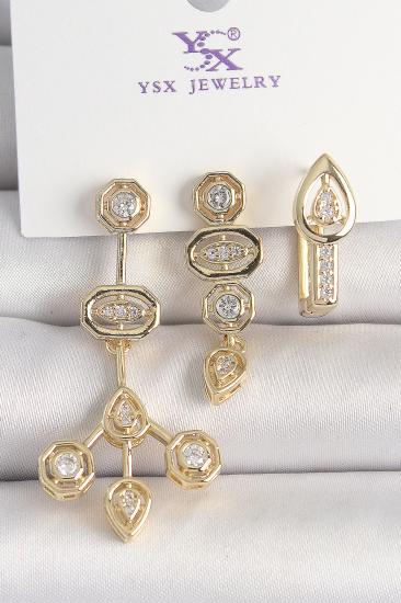 Erb Pirinç Gold Renk Zirkon Taşlı Geometrik Model 3\\'Lü Kadın Kombin Küpe