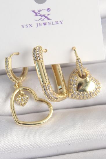 Erb Pirinç Gold Renk Zirkon Taşlı Sallantı Kalp Model 3\\'Lü Kadın Kombin Küpe
