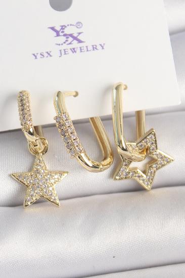 Erb Pirinç Gold Renk Sallantı Zirkon Taşlı Yıldız Model 3\\'Lü Kadın Kombin Küpe