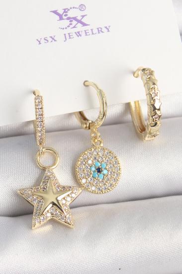 Erb Pirinç Gold Renk Zirkon Taşlı Sallantı Yıldız Model Nazar Boncuk Detay 3\\'Lü Kadın Kombin Küpe