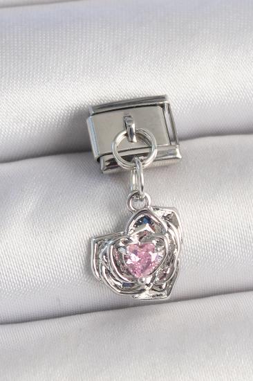Erb 316L Çelik Gümüş Renk Pembe Zirkon Taşlı Kalpli Gül Model Nomination Charm
