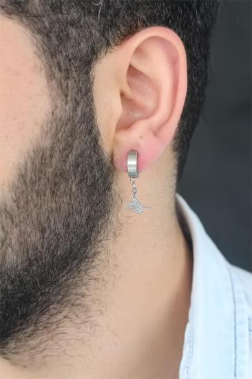 Erb Silver Renk Kaplama Osmanlı Tuğra Figürlü Kıstırmalı Çelik Erkek Küpe