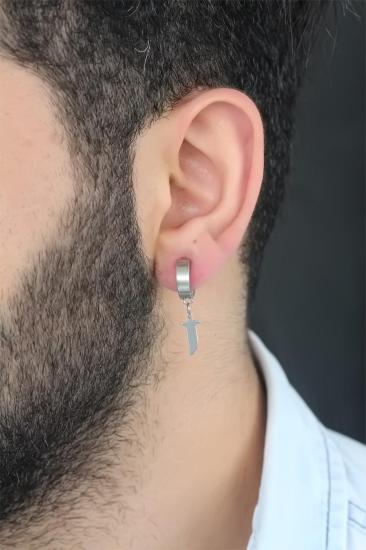 Erb Silver Renk Kaplama Kılıç Figürlü Çelik Kıstırmalı Erkek Küpe