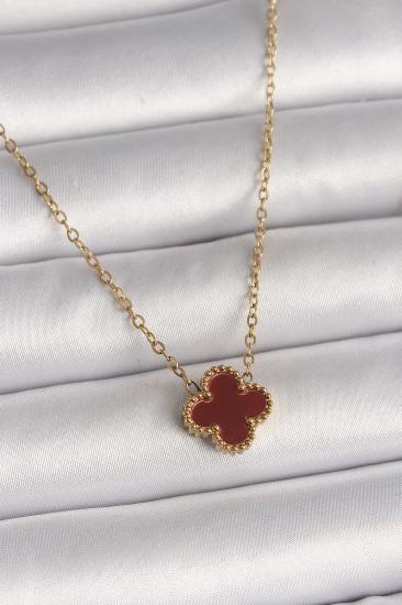 Erb 316L Çelik Gold Renk Bordo Yonca Model Kadın Kolye