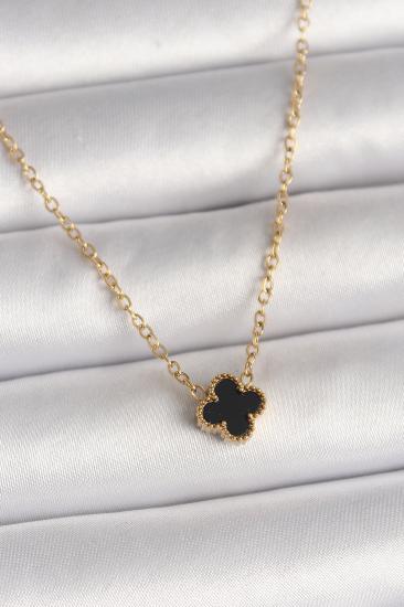 Erb 316L Çelik Gold Renk Siyah Yonca Model Kadın Kolye