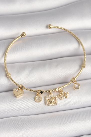 Erb Pirinç Gold Renk Sallantı Zirkon Taşlı Ayıcık Figür Taç Detay Charm Kadın Bileklik