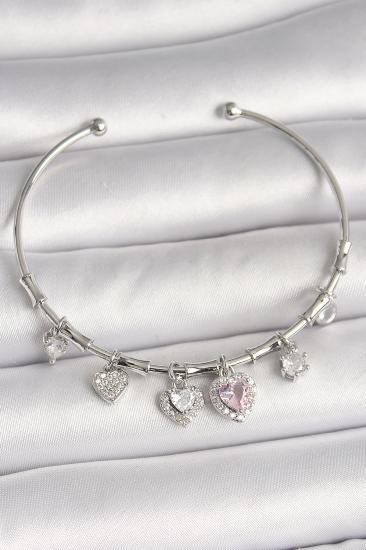 Erb Pirinç Gümüş Renk Sallantı Pembe Zirkon Taşlı Kalp Model Charm Kadın Bileklik