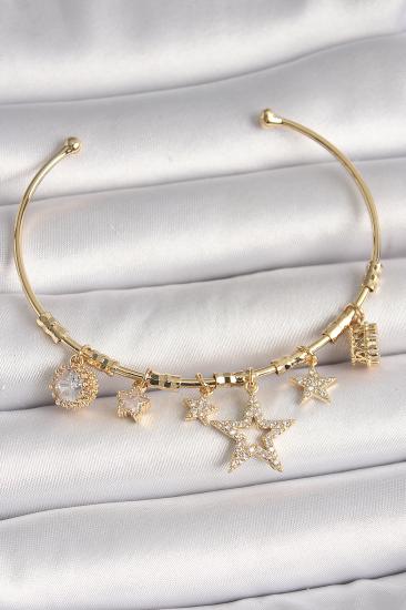 Erb Pirinç Gold Renk Sallantı Zirkon Taşlı Yıldız Model Kalp Detay Charm Kadın Bileklik