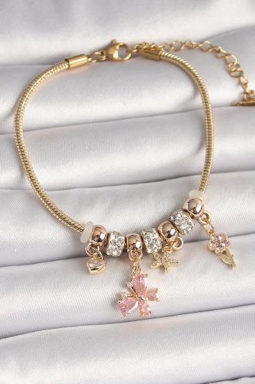 Erb Pirinç Gold Renk Sallantı Pembe Zirkon Taşlı Kelebek Figür Çiçek Detay Charm Kadın Bileklik