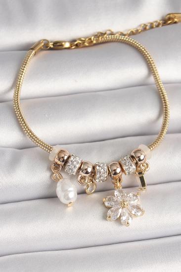 Erb Pirinç Gold Renk Sallantı Zirkon Taşlı Çiçek Model İnci Detay Charm Kadın Bileklik