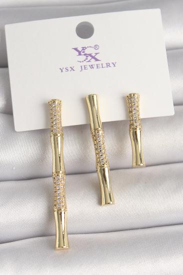 Erb Pirinç Gold Renk Zirkon Taşlı Bambu Model 3\\'Lü Kadın Kombin Küpe