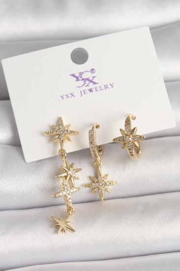 Erb Pirinç Gold Renk Sallantı Zirkon Taşlı Zirkon Taşlı Kutup Yıldız Model 3\\'Lü Kadın Kombin Küpe