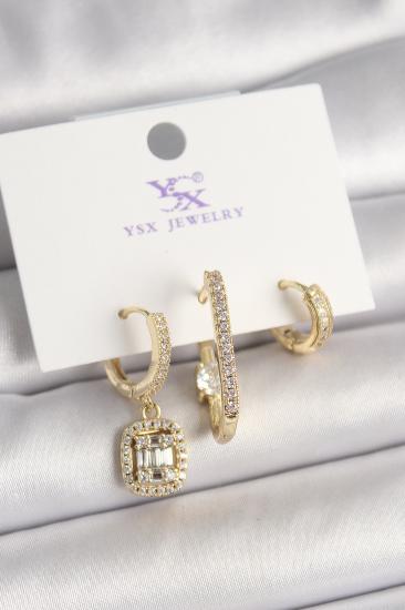 Erb Pirinç Gold Renk Zirkon Taşlı Baget Halka Model 3\\'Lü Kadın Kombin Küpe