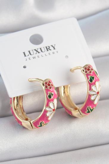 Erb Pirinç Gold Renk Halka Model Pembe Çiçek İşlemeli Kadın Küpe