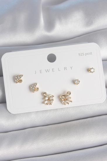 Erb Pirinç Gold Renk Zirkon Taşlı Kuğu Model 925 Ayar Gümüş Çivi Kadın Küpe Seti