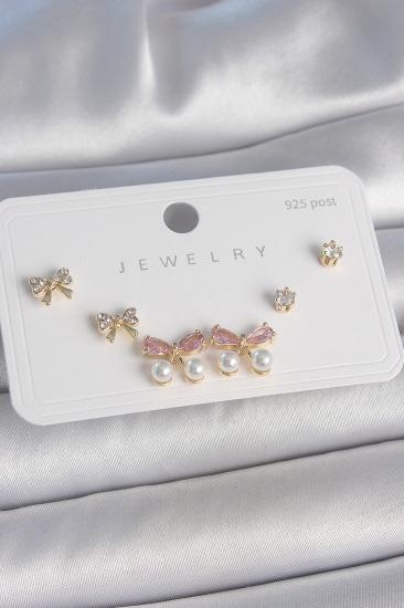 Erb Pirinç Gold Renk Pembe Zirkon Taşlı Fiyonk Model İnci Detay 925 Ayar Gümüş Çivi Kadın Küpe Seti