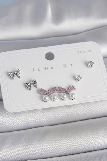 Erb Pirinç Gümüş Renk Pembe Zirkon Taşlı Kurdele Model İnci Detay 925 Ayar Gümüş Çivi Kadın Küpe Seti