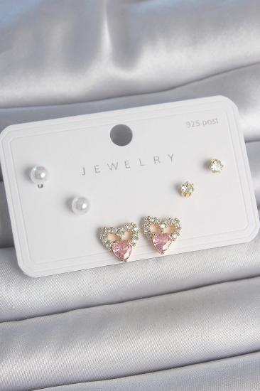 Erb Pirinç Gold Renk Pembe Zirkon Taşlı Kalp Model İnci Detay 925 Ayar Kadın Küpe Seti