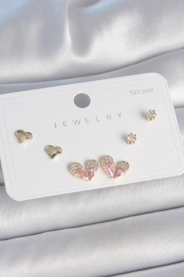 Erb Pirinç Gold Renk Pembe Zirkon Taşlı Kalp Model 925 Ayar Gümüş Çivi Kadın Küpe Seti