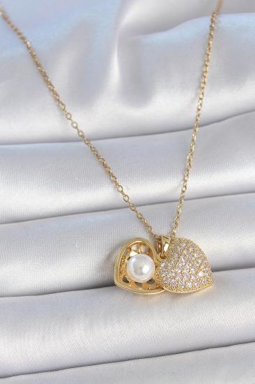 Erb 316L Çelik Gold Renk Zincir Zirkon Taşlı Açılır İncili Kalp Model Kadın Kolye