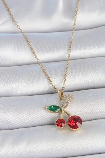 Erb 316L Çelik Gold Renk Kırmızı Zirkon Taşlı Kiraz Model Kadın Kolye