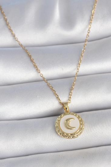 Erb 316L Çelik Gold Renk Zincir Beyaz Mineli Hilal İşlemeli Madalyon Model Kadın Kolye