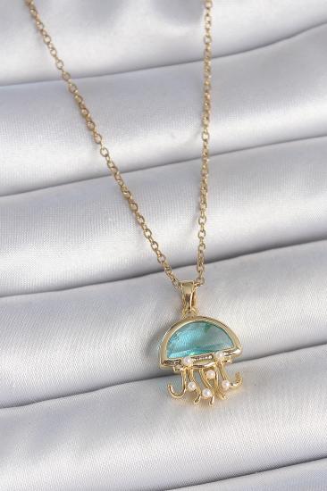 Erb 316L Çelik Gold Renk Mavi Taşlı Deniz Anası Model İnci Detay Kadın Kolye
