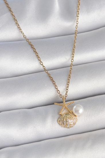 Erb 316L Çelik Gold Renk Zincir Zirkon Taşlı Deniz Kabuğu Model İnci Detay Kadın Kolye