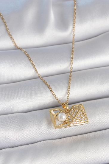 Erb 316L Çelik Gold Renk Zincir Zirkon Taşlı Açılır İncili Elmas Model Kadın Kolye