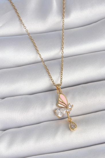 Erb 316L Çelik Gold Renk Zincir Damla Zirkon Taşlı Kelebek Model Sallantı Detay Kadın Kolye