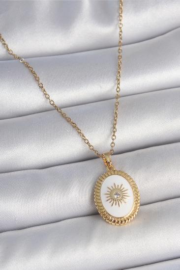 Erb 316L Çelik Gold Renk Zincir Beyaz Mineli Güneş İşlemeli Zirkon Taş Detaylı Madalyon Model Kadın Kolye