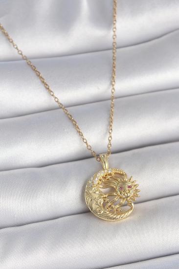 Erb 316L Çelik Gold Renk Zincir Ay Güneş Model Zirkon Taş Detaylı Kadın Kolye