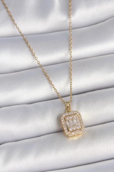 Erb 316L Çelik Gold Renk Zincir Kare Zirkon Taş Model Kadın Kolye