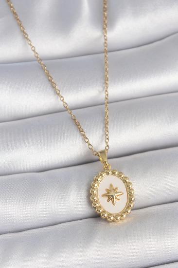 Erb 316L Çelik Gold Renk Zincir Beyaz Mineli Kutup Yıldız İşlemeli Madalyon Model Kadın Kolye