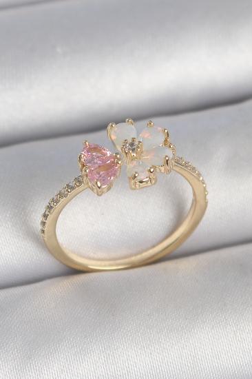 Erb Pirinç Gold Renk Beyaz Mineli Pembe Zirkon Taşlı Çiçek Model Kadın Yüzük