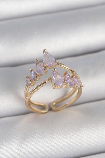 Erb Pirinç Gold Renk Mor Damla Zirkon Taşlı Taç Model Kadın Yüzük