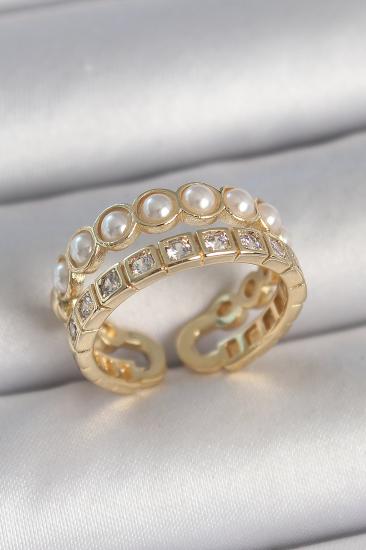 Erb Pirinç Gold Renk 2\\'Li Zirkon Taşlı Ve İncili Ayarlanabilir Kadın Yüzük