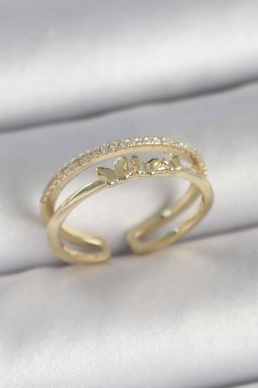 Erb Pirinç Gold Renk 2\\'Li Sıra Zirkon Taş Detaylı Kelebek Figürlü Ayarlanabilir Model Kadın Yüzük