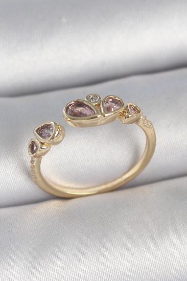 Erb Pirinç Gold Renk Pembe Damla Zirkon Taşlı Ayarlanabilir Kadın Yüzük