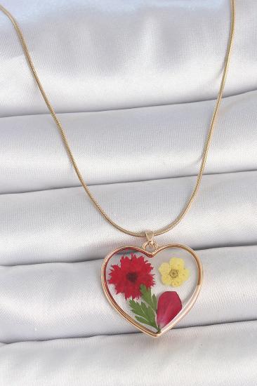 Erb 316L Çelik Gold Renk Zincir Epokis Kalp Doğal Çiçek Model Kadın Kolye