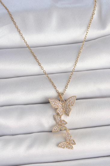 Erb 316L Çelik Gold Renk Zirkon Taşlı Sallantı Kelebek Model Kadın Kolye