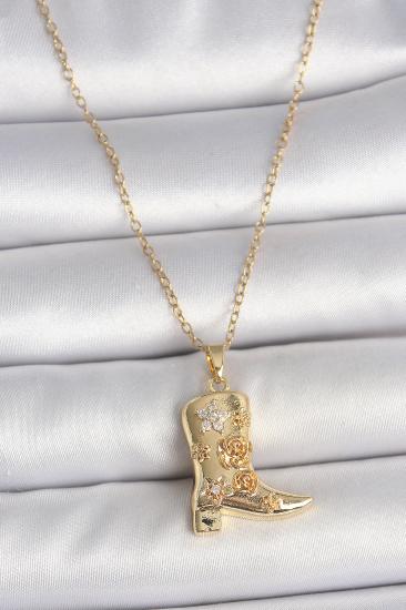Erb 316L Çelik Gold Renk Zirkon Taşlı İşleme Detaylı Çizme Model Kadın Kolye