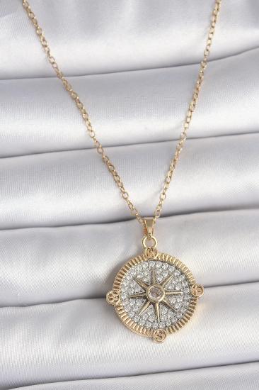 Erb 316L Çelik Gold Renk Zirkon Taşlı Pusula Model Kadın Kolye