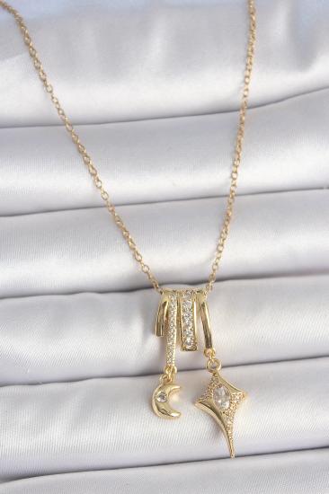 Erb 316L Çelik Gold Renk Zirkon Taşlı Sallantı Ay Yıldız Figür Charm Kadın Kolye