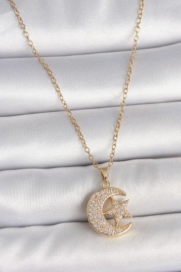 Erb 316L Çelik Gold Renk Zincir Zirkon Taşlı Ay Yıldız Model Kadın Kolye